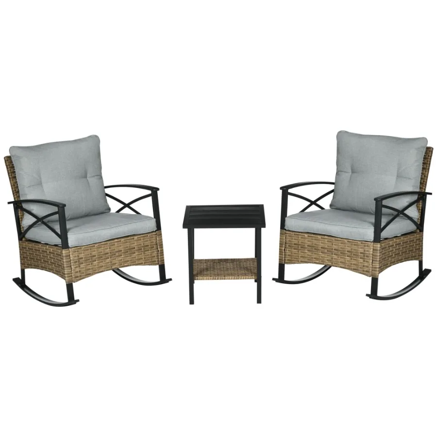 

3 Piece Patio Rocking Chair Set Outdoor Wicker Bistro Set with 2 Cushioned Porch Rockers and 2 Tier Coffee Table for Garden Po