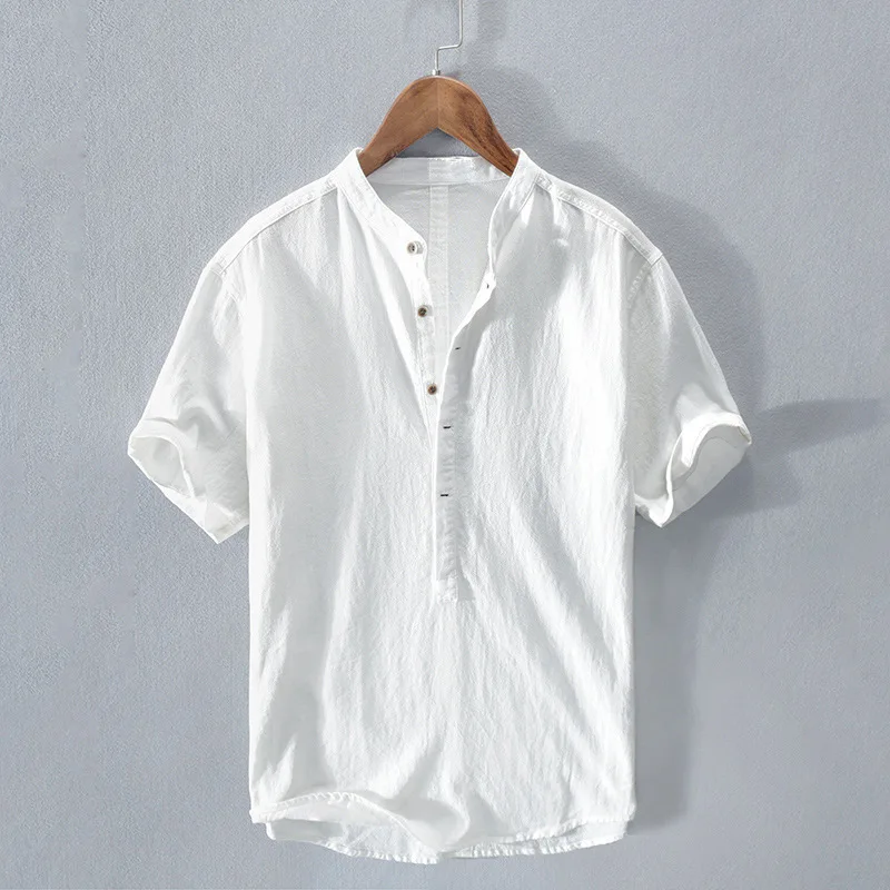 Men's cotton linen wrinkled cloth linen short sleeved shirt