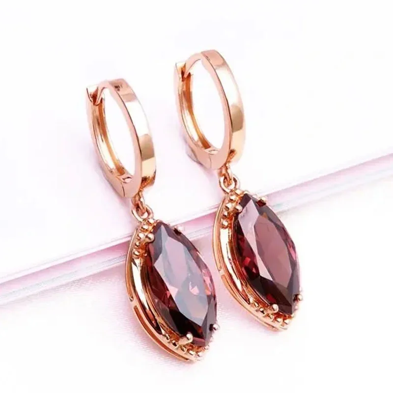 Exquisite New in Marquise Shape Pink Gems Earrings for Women Simple Fashion Copper Plated Rose Golden Earings Jewelry