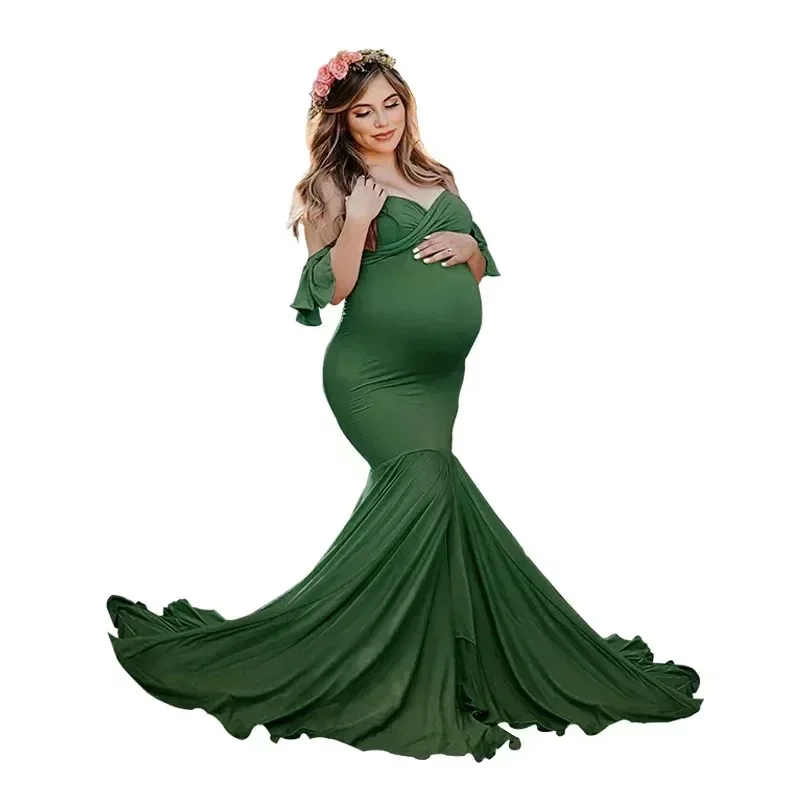 Mermaid Maternity Cotton Dresses Photo Shoot Pregnant Women Sexy Shoulderless Pregnancy Baby Shower Photography Props Clothes