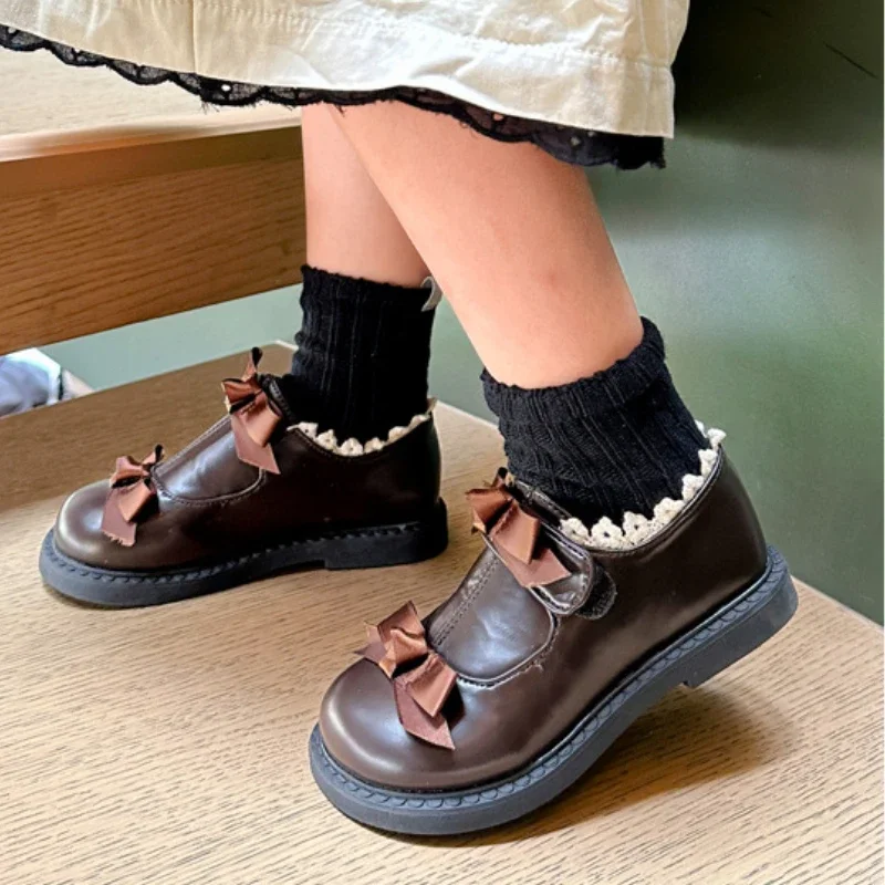 Little Girl Leather Shoes Lolita Style Kids Elegant Princess Bowtie Dress Mary Jane Shoes Fashion Causal Children's Flats Sweet