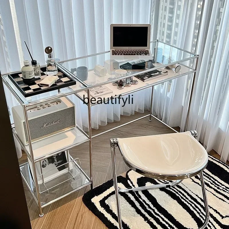 

Medieval stainless steel dressing table rectangular multi-layer light luxury glass office makeup table
