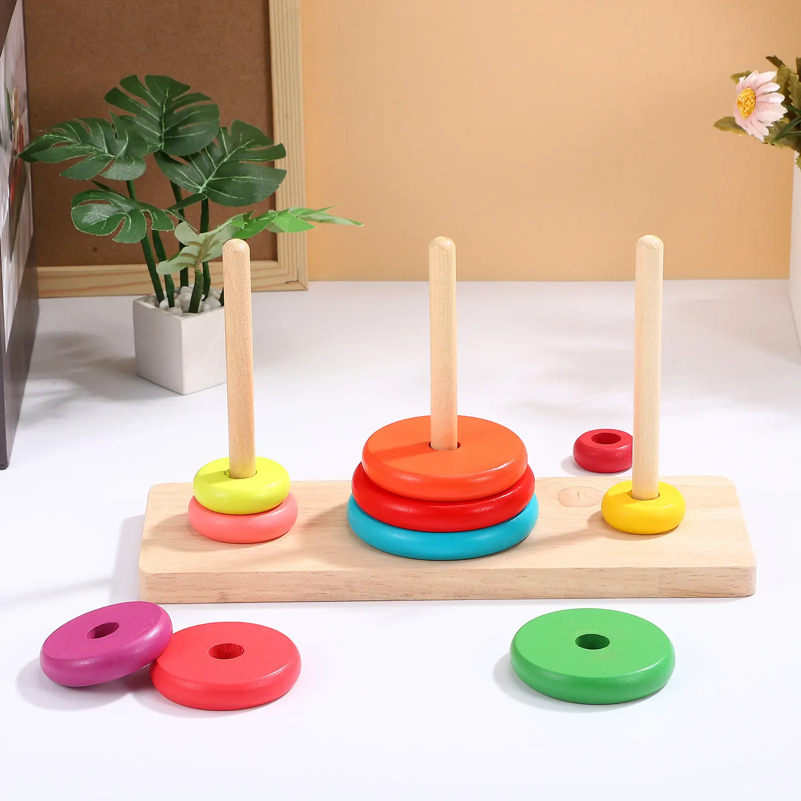 1Set Kids Wood Hanoi Tower Educational Stacking Game Creative Learning Fun Development Motor Skills Hand Eye Coordination