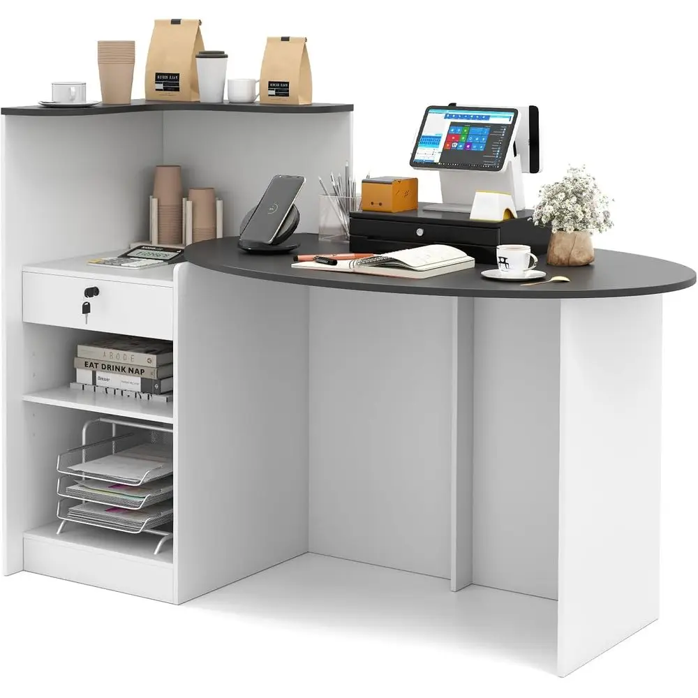

54'' Retail Counter with Lockable Drawer and Storage Shelf, L-Shaped Table, Wooden Computer Desk for Restaurant, Office (Black &
