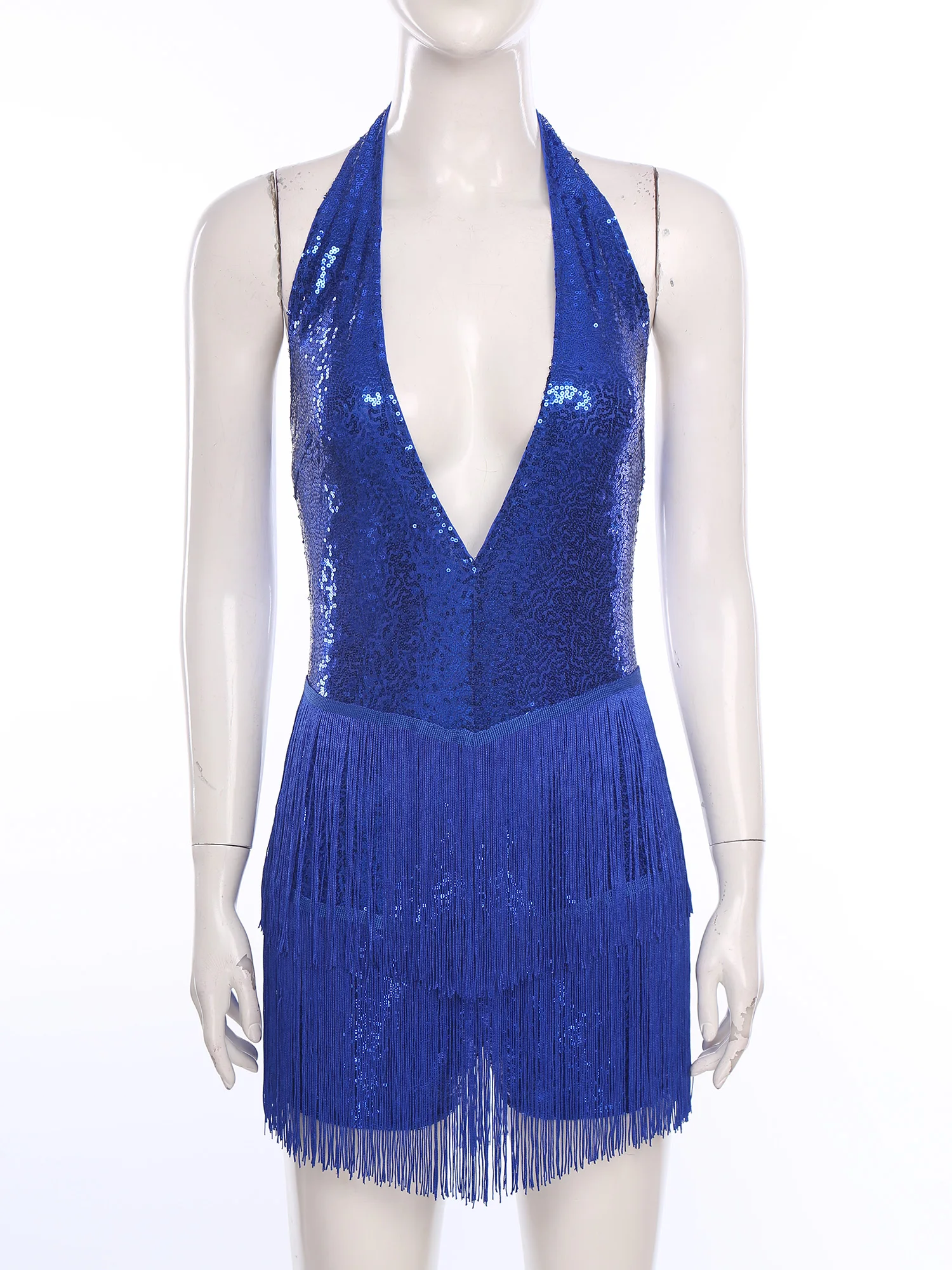 فستان نسائي لاتيني لموسيقى الجاز السالسا رومبا للرقص بشراشيب ملابس رقص لامعة ترتر رسن بدون ظهر متدرج هامش ثياب #2