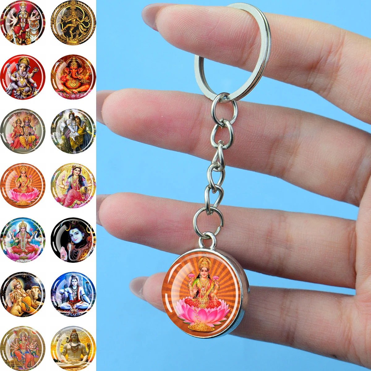 Lakshmi Gold Patterns Keychain with Double-sided Glass Ball Amulet Goddess of Wealth Inlaid Pendant Church Souvenirs Gifts