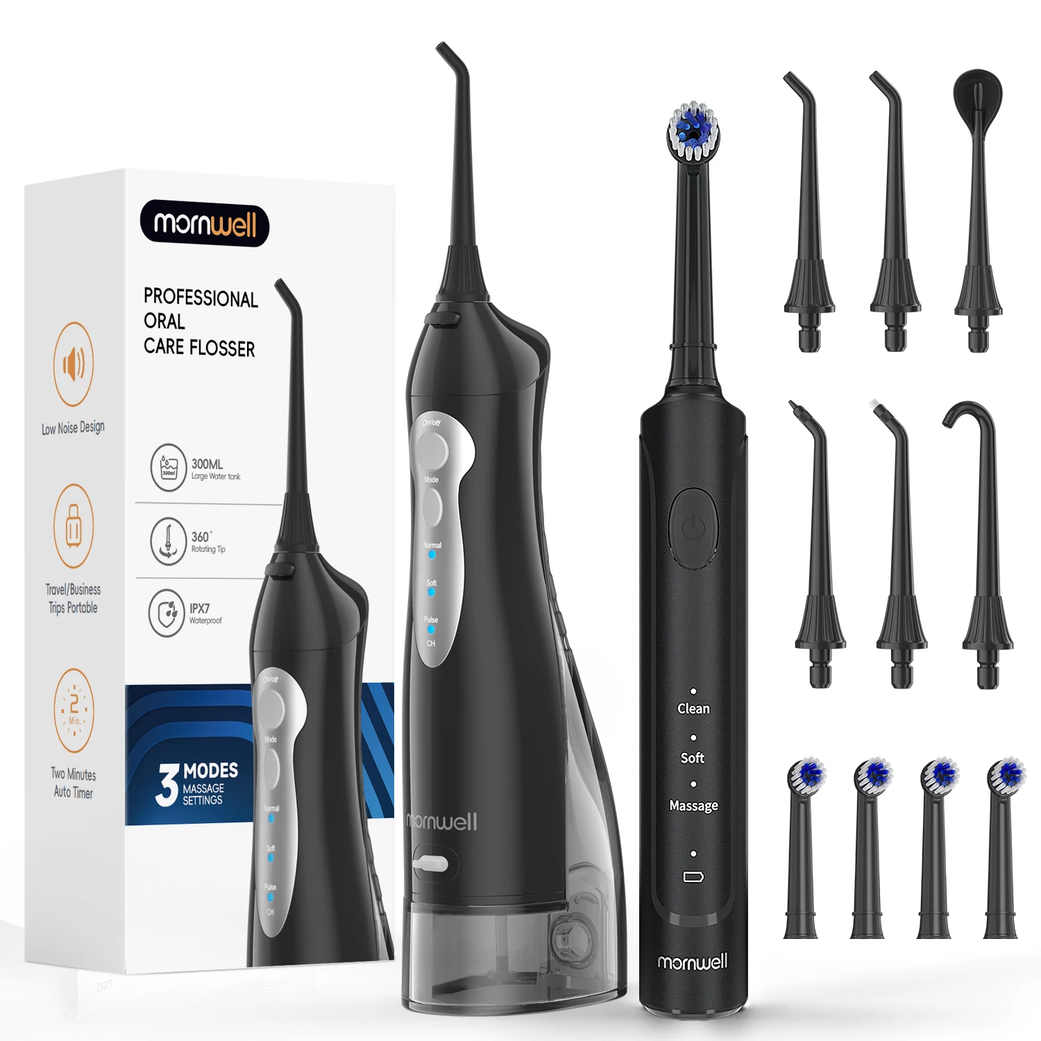 Mornwell: idropulsore e spazzolino elettrico 2 in 1, dispositivo ricaricabile per l’igiene orale, ideale per la pulizia dei denti.