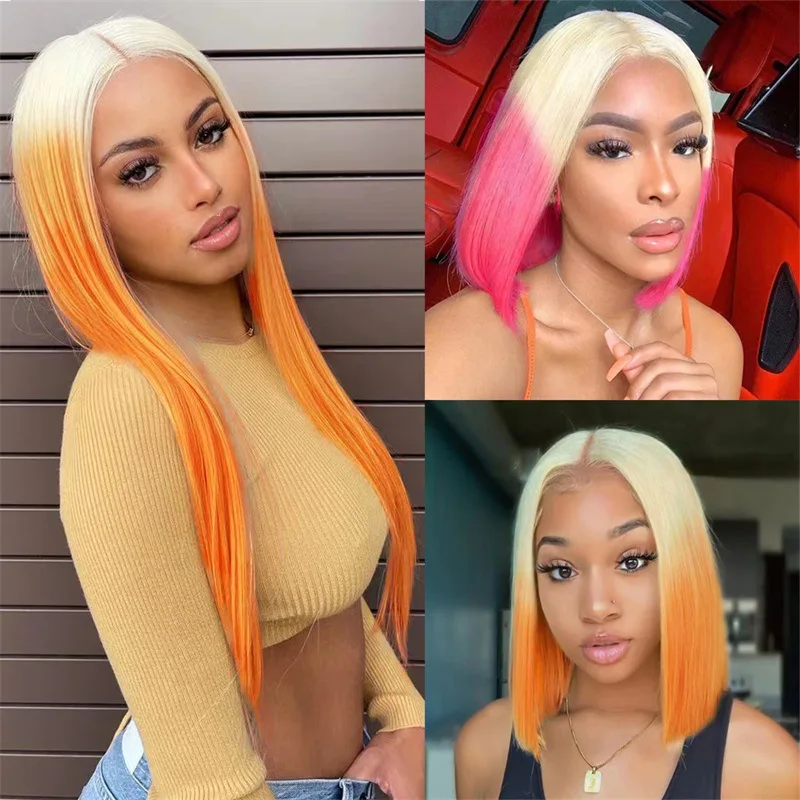 

European and American Wig Women's Cross-border New Product Gradient Mid Split Short Straight Bob Head Gradient Pink Orange Wigs