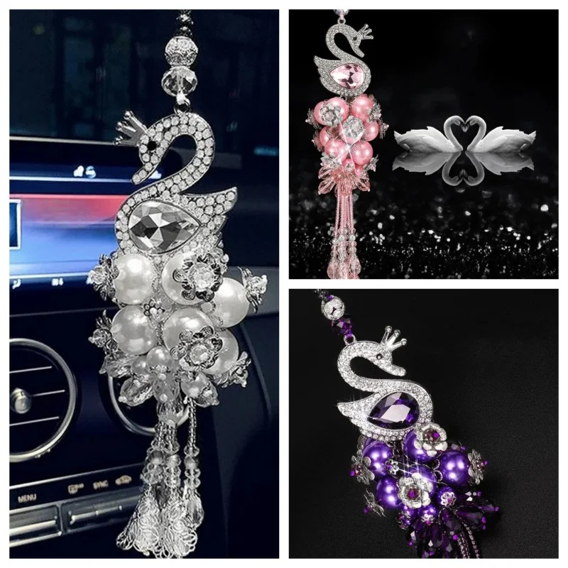 Women Crystal Inlaid Auto Pendant Rear view Mirror Decorate Girl Swan Diamonds Car Pendant Rhinestone Swan Car Interior Cute