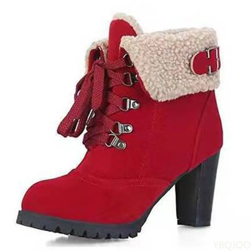 الشتاء موضة جديدة قصيرة أنبوب الأحذية النسائية الدافئة مع الكعب العالي كعب سميك الدانتيل يصل منصة مقاومة للماء أحذية نسائية قصيرة