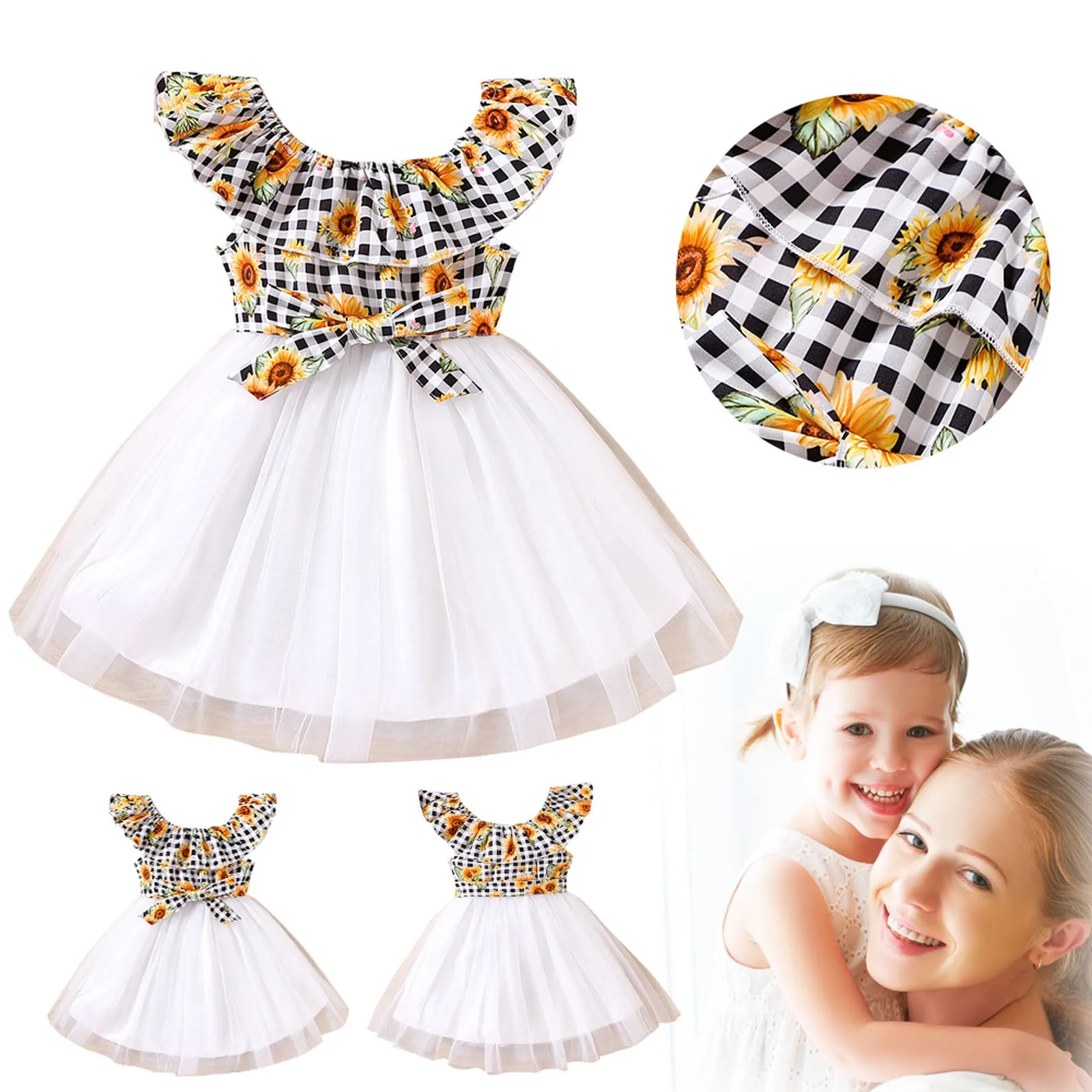 

Tween Dresses Toddler Girls Baby Girl Dresses Sunflower Print Patchwork Mesh Dress Girls Travel Infant Tulle Dress