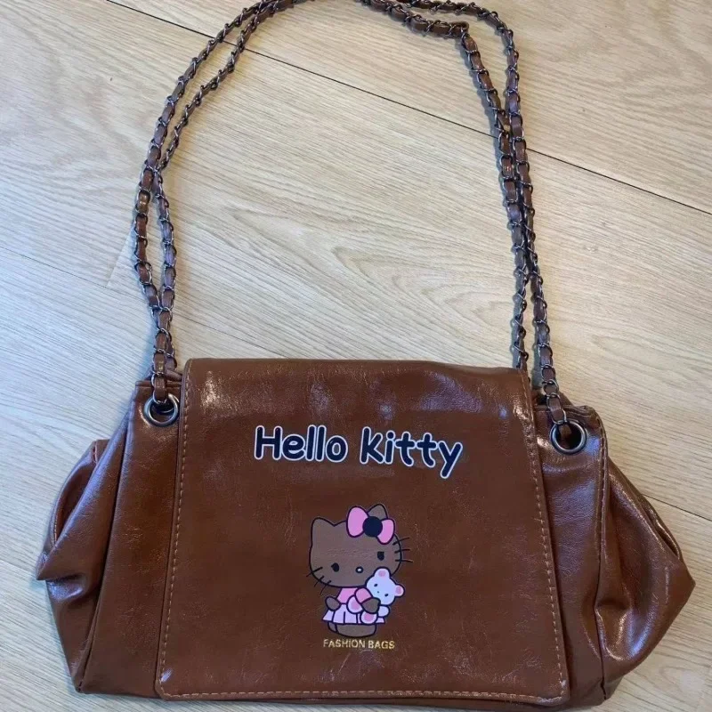 

Kawaii Hello Kitty Shoulder Bag for Women Vintage PU Leather Girl Chain Crossbody Bag Luxury Designer Purse Top Quality