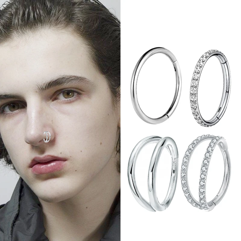 stainless steel CZ Segment Hoop Ring Separating Double Lined Nose Ring Clicker Lip Earring Helix Daith Lip Nose Piercing Jewelry