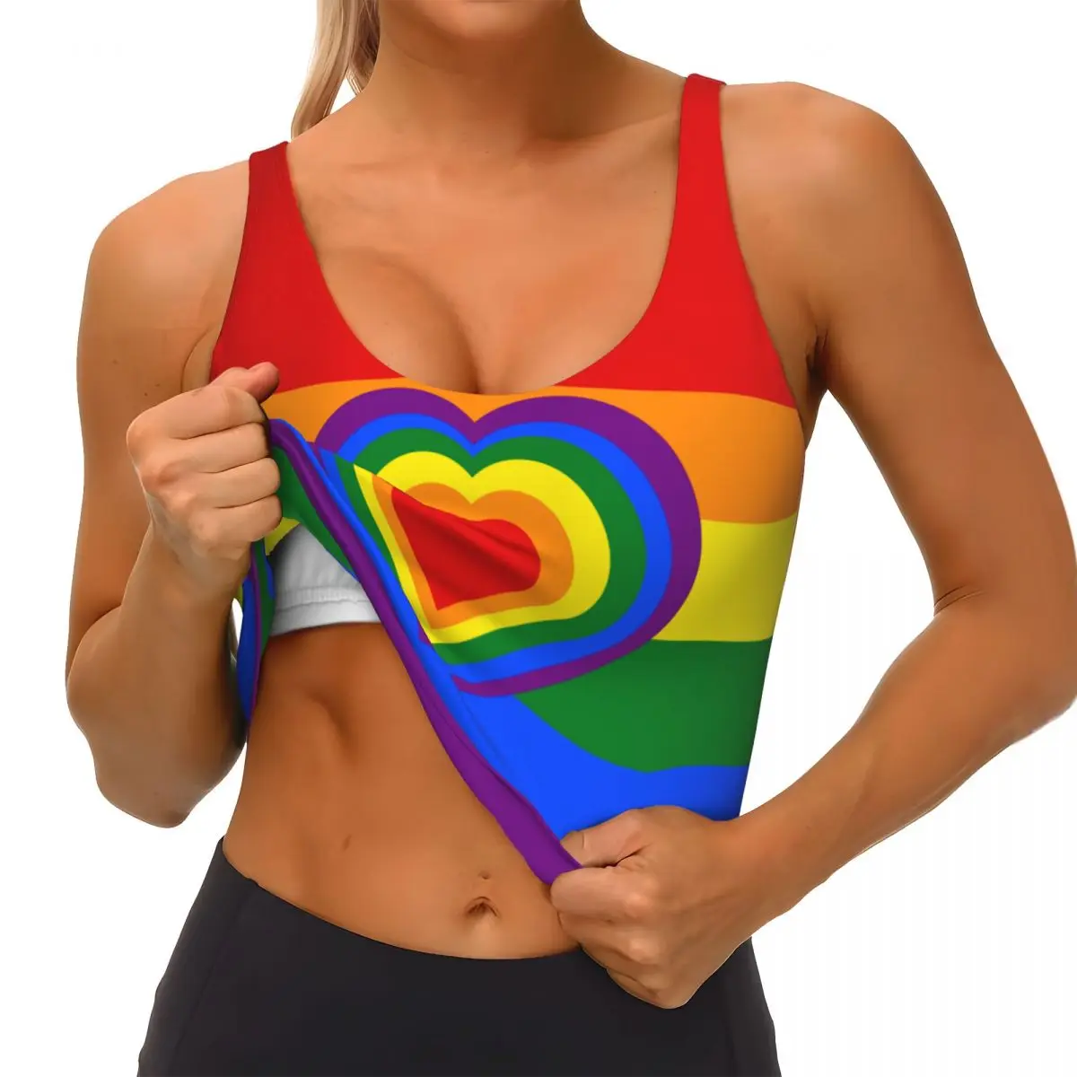 Bandera del arco iris con corazones Tops básicos mujeres Samba Sexy cuello en V Yoga Fitness deportes Tops