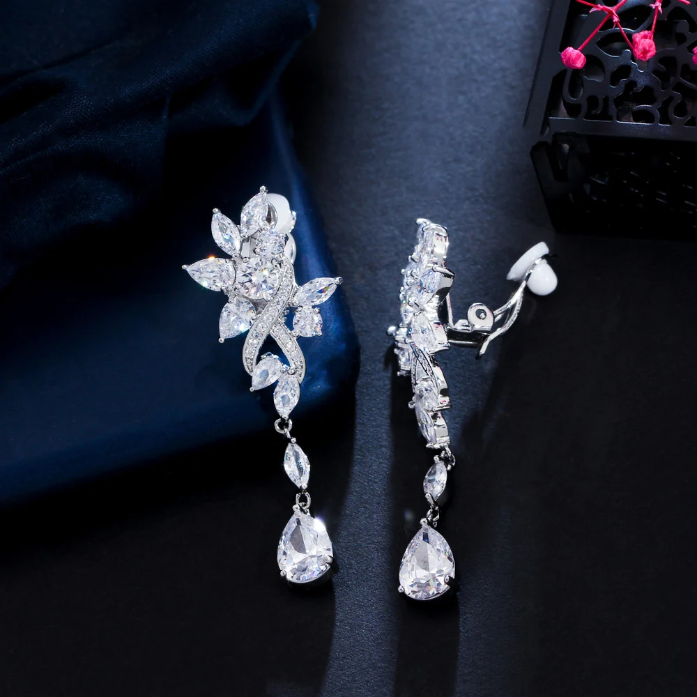 CWWZircons Ohrringe ohne Ohrloch, Zirkon-Blumen-Ohrhänger für Damen, Hochzeit, Brautparty, lange Clip-Ohrringe ohne Piercing, Großhandel EJ0030 – Detail 7