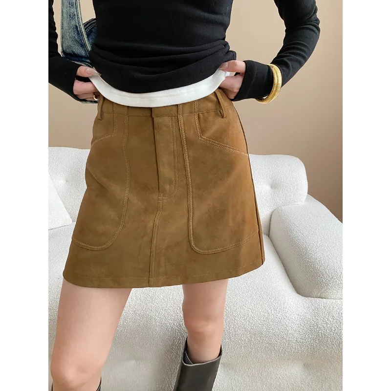 

New Suede High-end Large Pockets Women Skirts Early Autumn Slimming A-line Mini Skirt