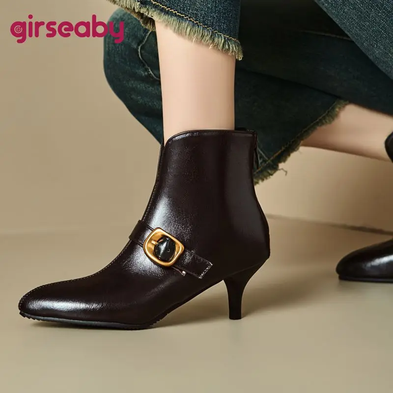 

Girseaby модные роскошные женские ботильоны с острым носком на тонком каблуке 6 см без шнуровки с металлическими деталями, большой размер 45-47, офисный женский стиль