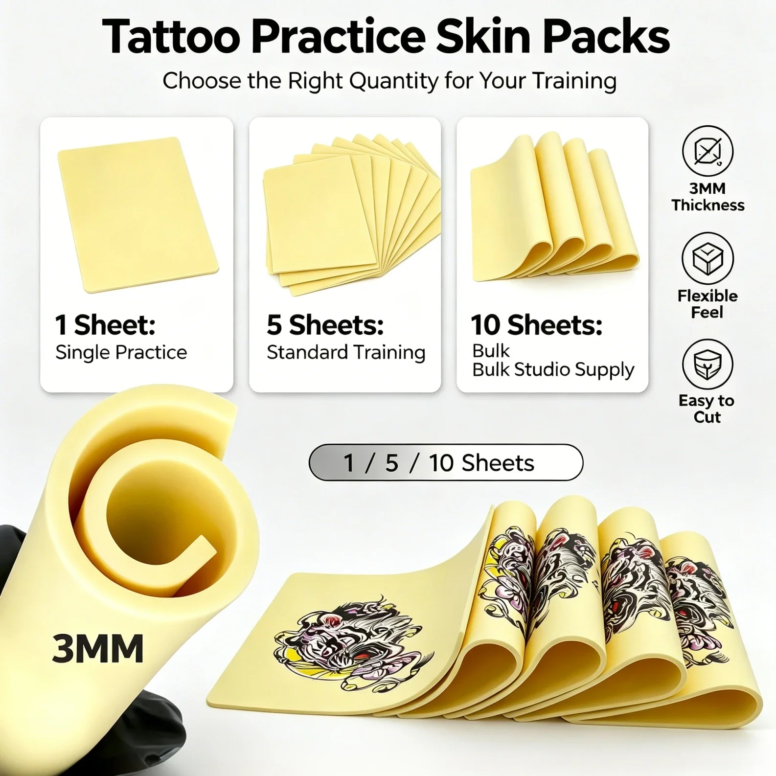 3MM Tattoo Practice Skin Silicone Fake Skin Double-Sided Thicker Tattoo Training Skin Permanent Makeup Tattoo Accessories