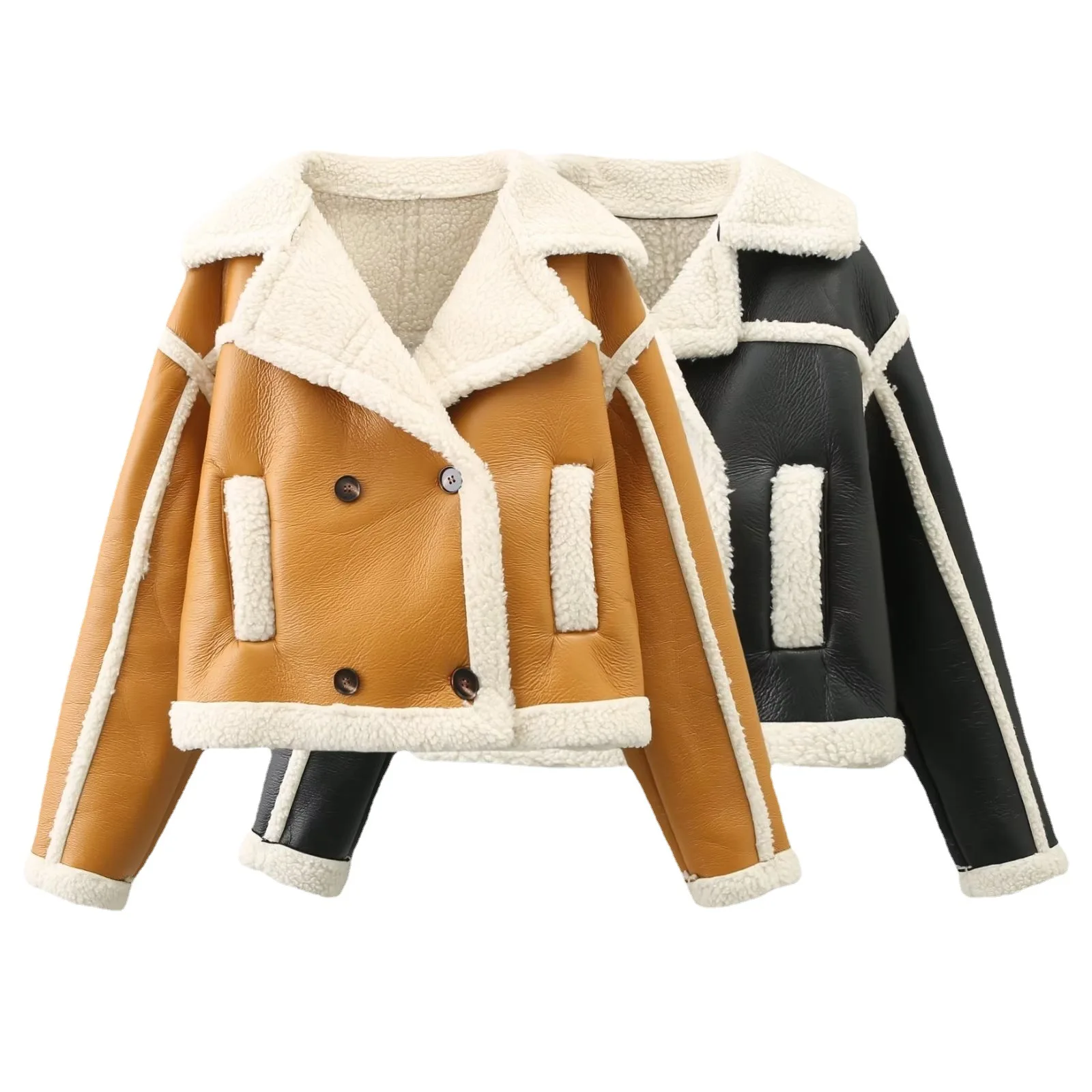 Patchwork Pu Leather Lambs Wool Fur Cropped Jacket Women Lapel Collar Thicken Warm Short Coat 2023 Autumn Winter Lady Outwear