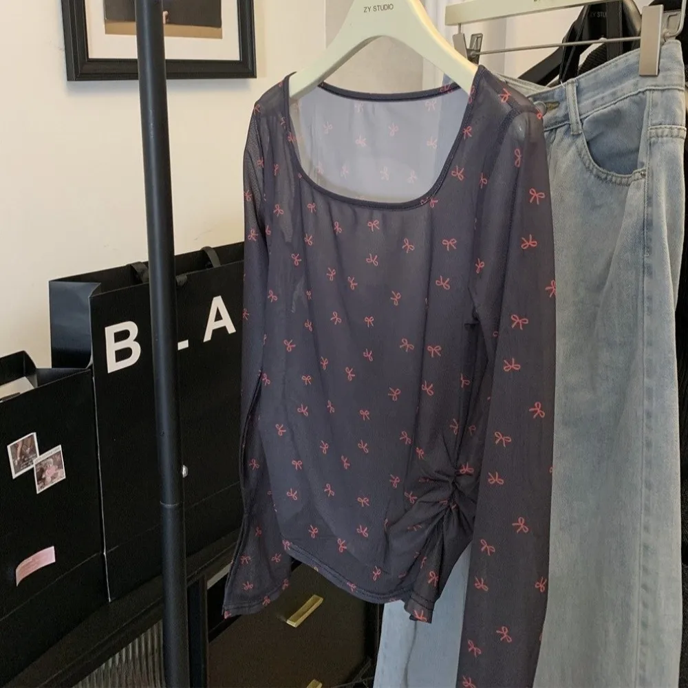 Sweet Bow Print Off Shoulder Blouse Long Sleeve Mesh Sheer Shirt Slim Fit Sun Protection Y2K Beach Tops