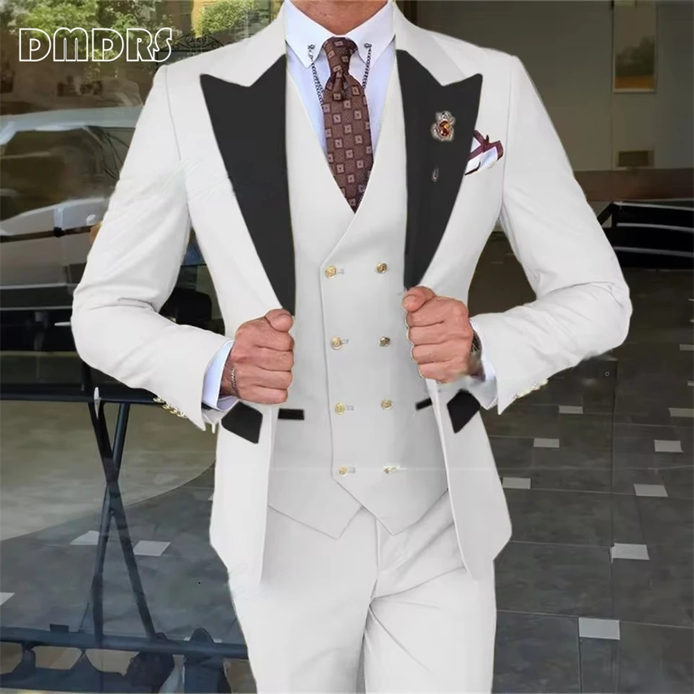 Three-Piece Slim Fitting Suit Set for Men, Peak Lapel One Button Blazer, Vest and Pants, Men's Formal Suits, Wedding Groom