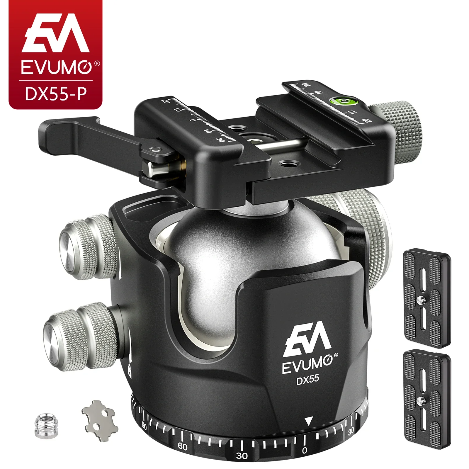 

EVUMO DX55-P Professional Tripod Ball Head 55MM Panoramic Ball for Seamless 360° Shooting Picatinny/Arca Swiss Mount Load 40kg