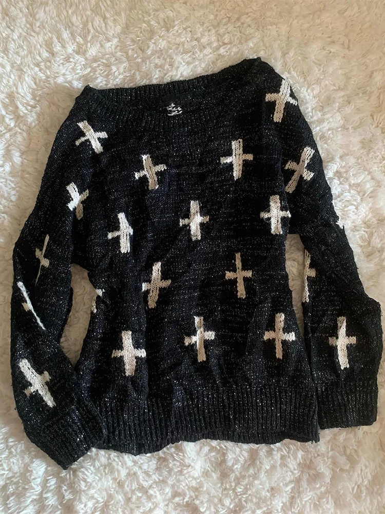 

Gothic Rose Original Vintage Lazy Sle Loose Bla Knitted Sweater Women's Slimming Knitwear Autumn Winter Cotton Blend