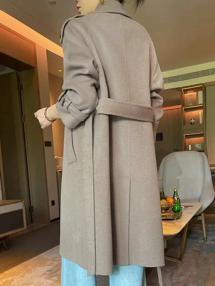 Classic Trench Coat Women 100% Wool Long Coat Turn-down Collar Belt Double Layer Notch Lapel Waterloo Overcoat Fall Winter