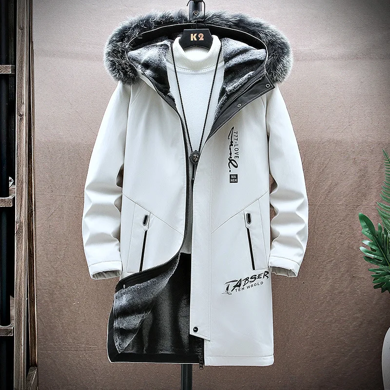 Men's fleece thickened hooded medium and long printed cotton-padded clothes trendy men's casual warm cotton-padded clothes
