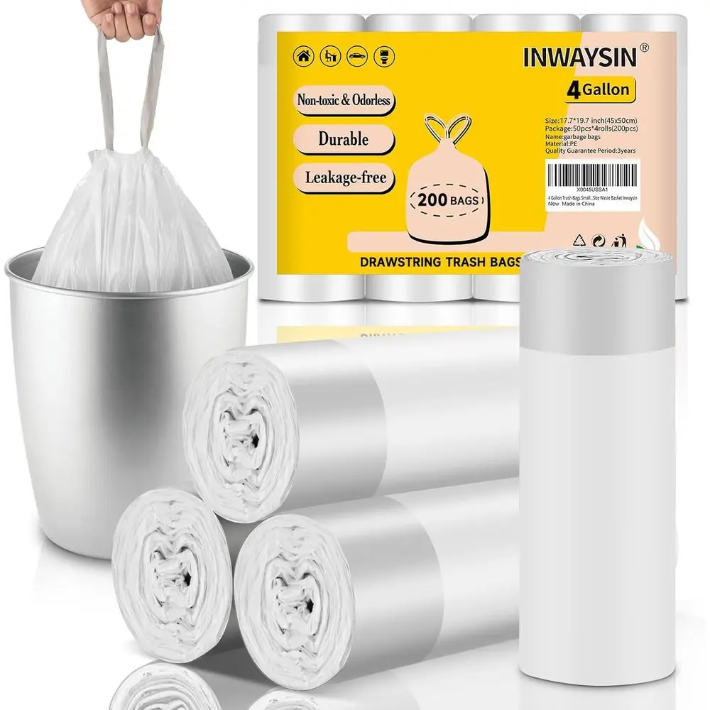 

200-Count Small Bathroom White Unscented Plastic Trash Bags - Strong and Durable for Kitchen and Car Use