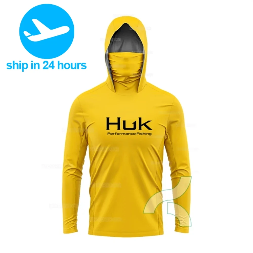 HUK Fishing Shirt Long Sleeve Anti-UV Fishing Hooded Shirts With Face Mask Fish Clothing Outdoor Sun Protection T-shirts UPF 50+