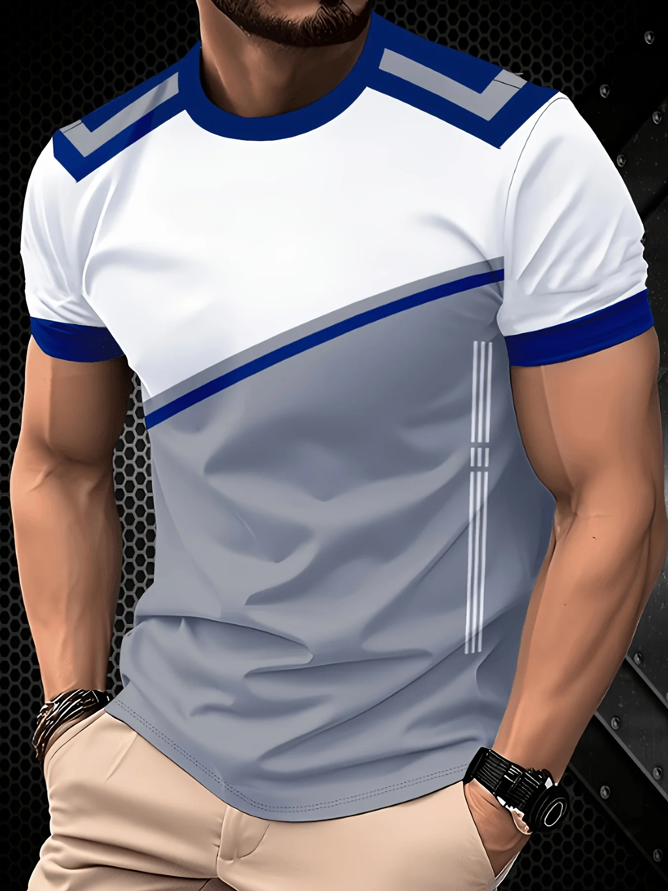 New men's short-sleeve T-shirt, loose-fitting and tailored with printed designs, versatile basic crew-neck top suitable for spri