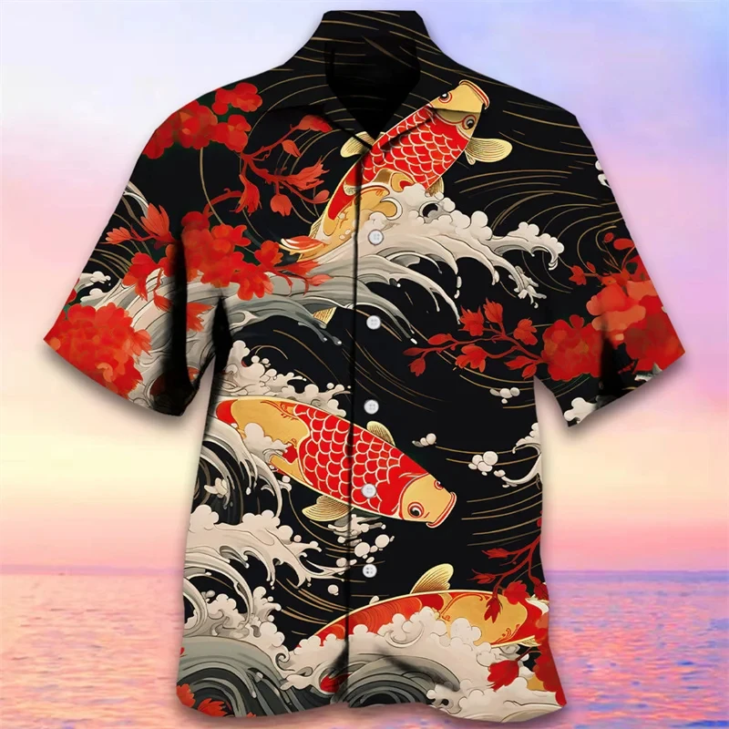 

Hawaii Carp Print Summer Beach Shirt New Fashion Graphic Shirts For Men Clothing Casual Vacation Short Sleeve Streetwear Blouse