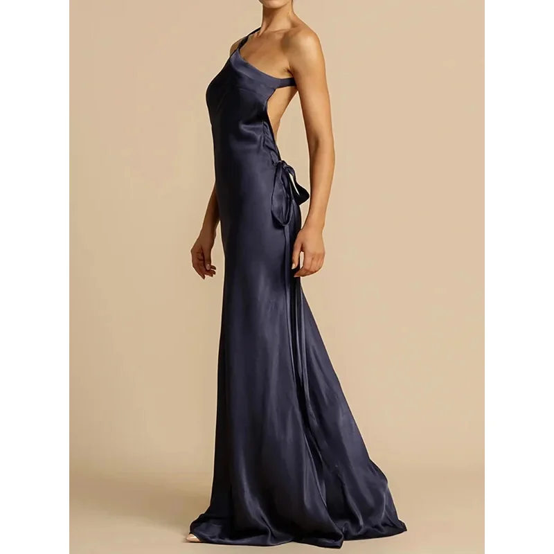 Bonny Chic Diagonal Collar Women Casual Dress Elegant Ladies Sleeveless Party Dress Female Sexy Hollow Out Solid Dresses Vestido