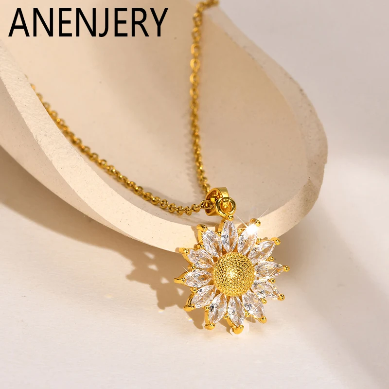 ANENJERY 316L Stainless Steel Sunflower Snowflake Pin Tree Necklace for Women Simple Clavicle chain Jewelry Gifts Wholesale
