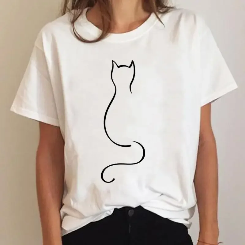 Women's Fashion Apparel Cat Cactus Plant Print T-shirt Women's Short Sleeve Print T-shirt Women's Cartoon Top Graphic T Shirts