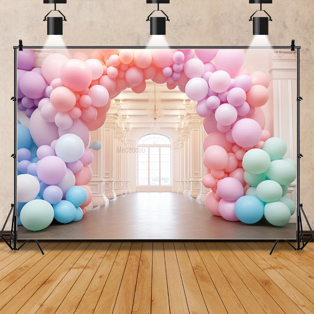 Pink Princess Girl Birthday Background Balloon Arch Flower Photography Backdrop Customized Children\'s Birthday Party Cake Banner