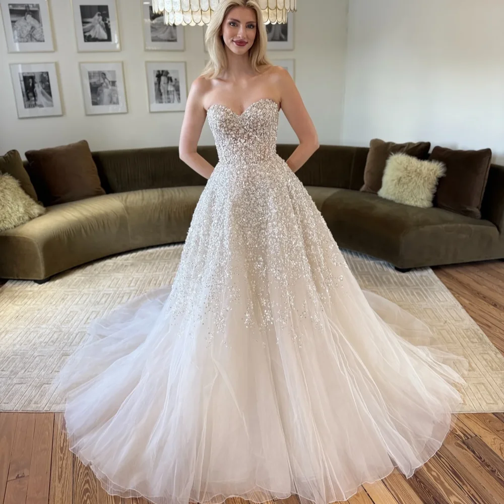 

Luxury Sweetheart Sparkling Glitter Wedding Dress Customized Sleeveless Beaded A-line Bride Dress Elegant Party Dress