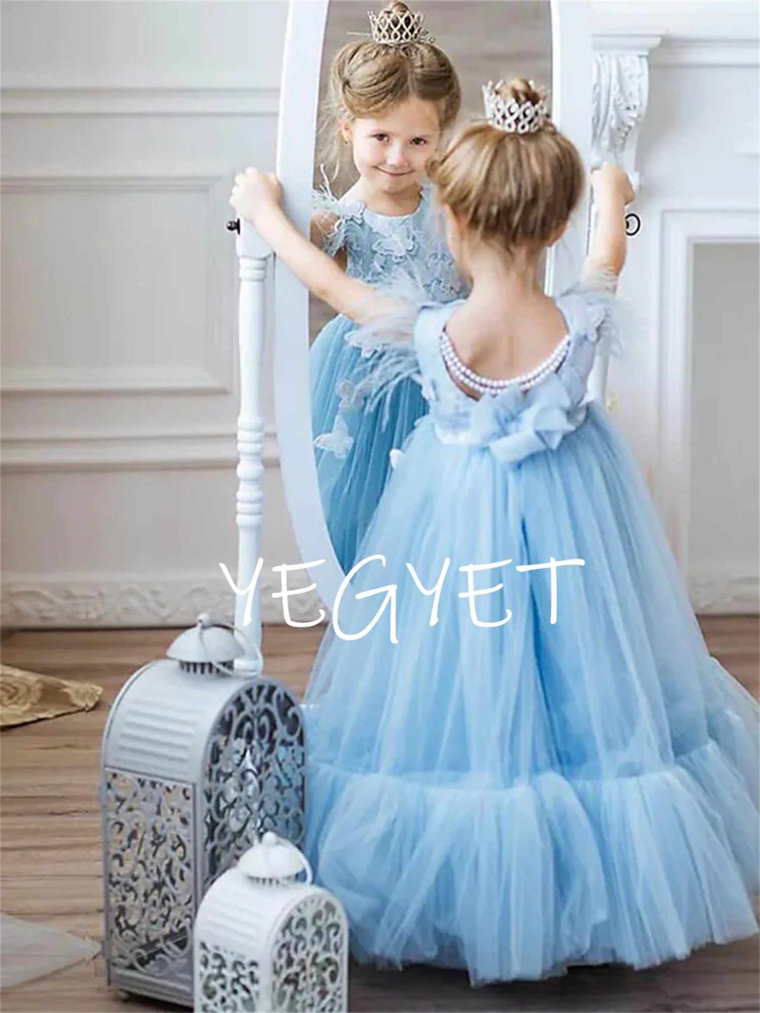 

Blue O-Neck A-Line Flower Girl Dresses 2022 Tulle Appliques Feathers Vestidos De Novia For Kids Ball Gown Children Party Dress