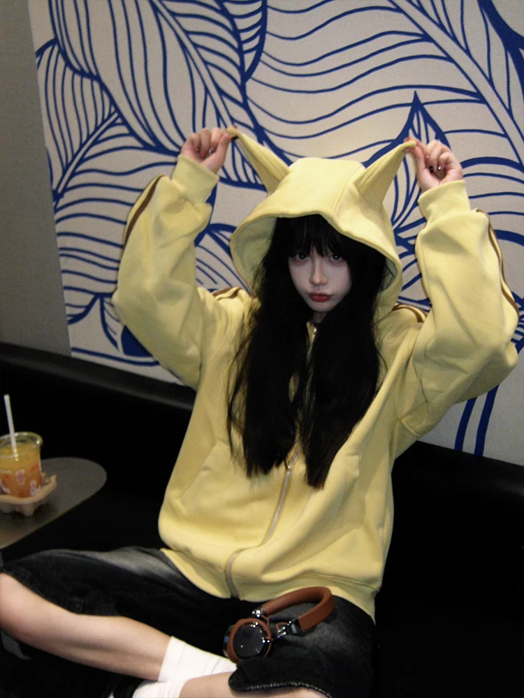 Amarelo orelha design hoodie zíper solto feminino primavera outono t-listras preguiçoso chique aberto cardigan jaet rua sle
