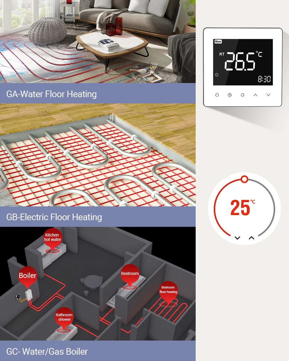 Termostato Elétrico de Piso Tuya WiFi, Caldeira de Água e Gás, LCD Touch, Temperatura, Controle Inteligente, Alexa, Google Home