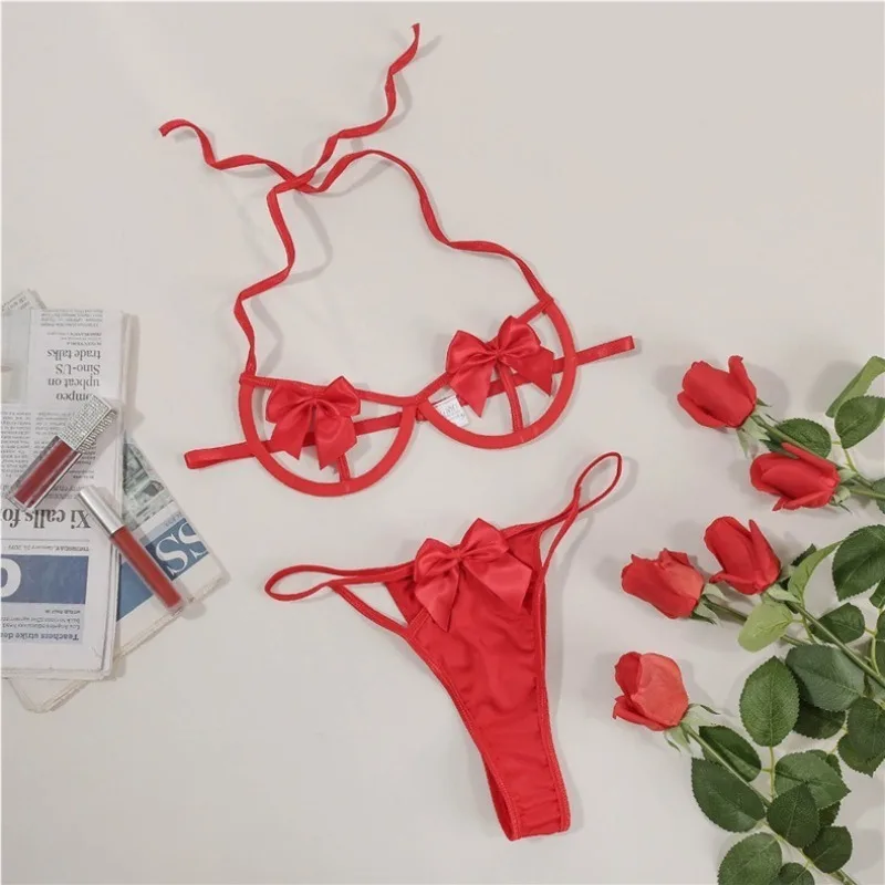 Tornova Sexy Bow Knot Lingerie Suit for Women Solid Color Hollow Out See-through Halter Women's Underwear Suit Sexy Lingerie Set image 6