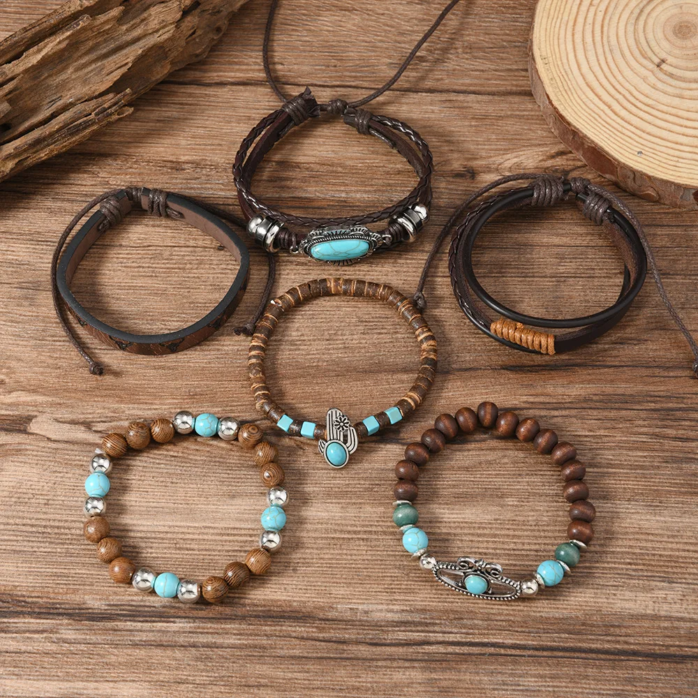 Men's Cactus Turquoise Leather Wooden Beads Multi-layer Accessories Set