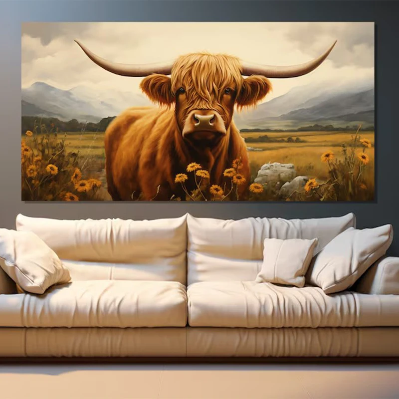 Scottish Highland Cow in Lavender Field Portrait Wild Animals Poster Nordic Wall Pictures Canvas Painting Home Farmhouse Decor