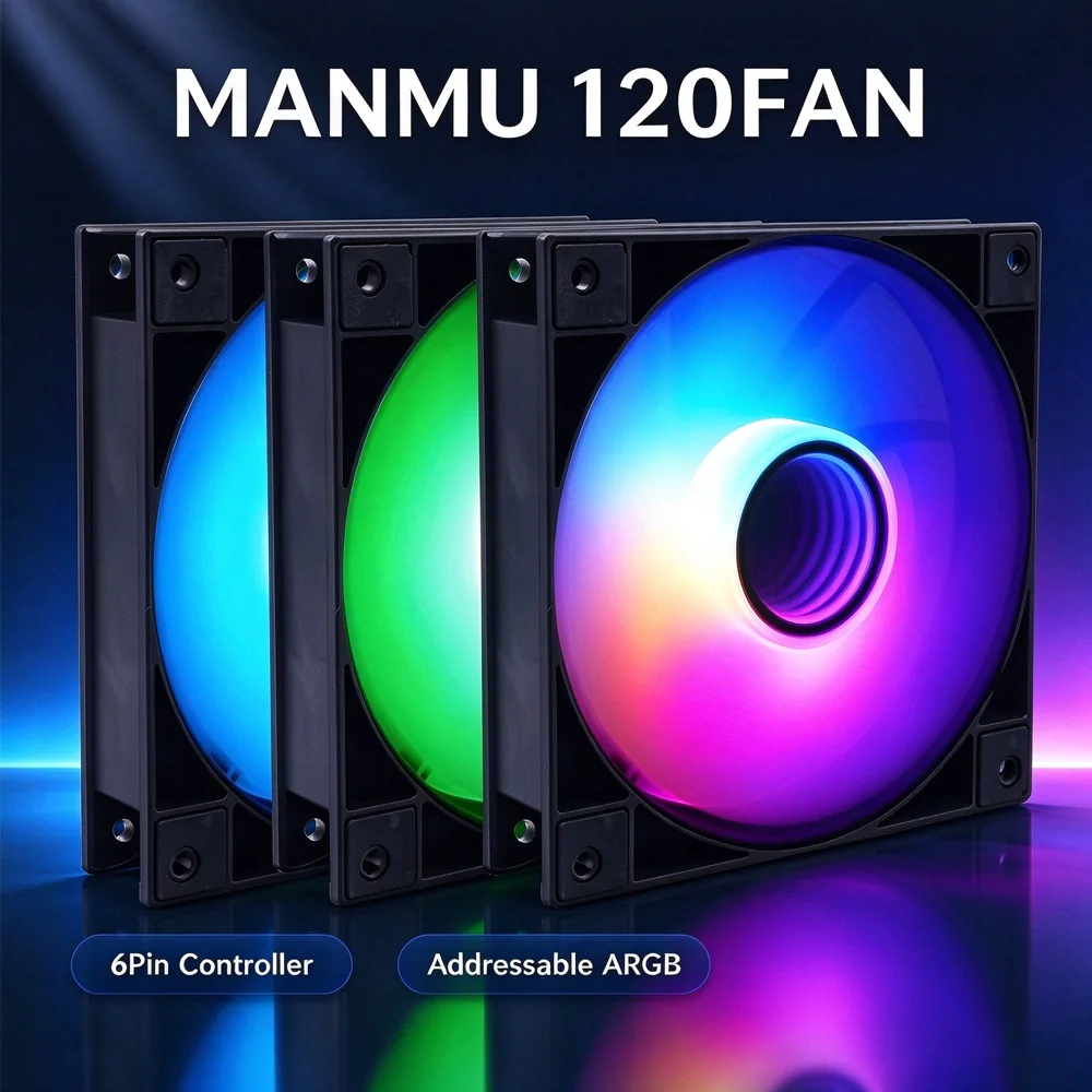 MANMU 120mm Fan Addressable ARGB Fan 6Pin Control High Airflow Silent Gaming PC Case Radiator Cooling Fan