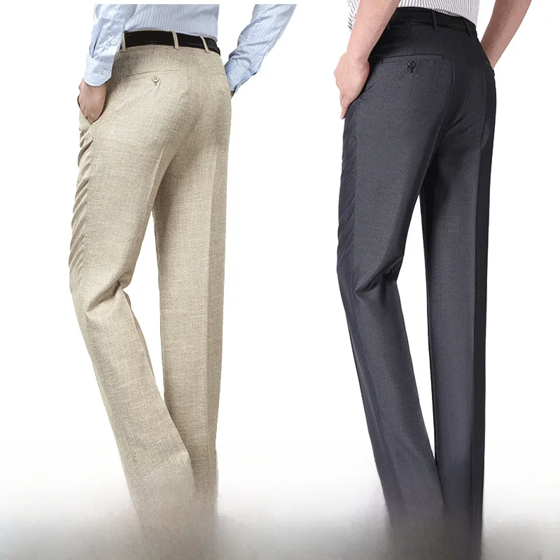

Summer New Men's Silk Suit Pants Loose Deep Crotch Straight Leg Long Trousers Casual Busin Sle Comfortable Linen Blend