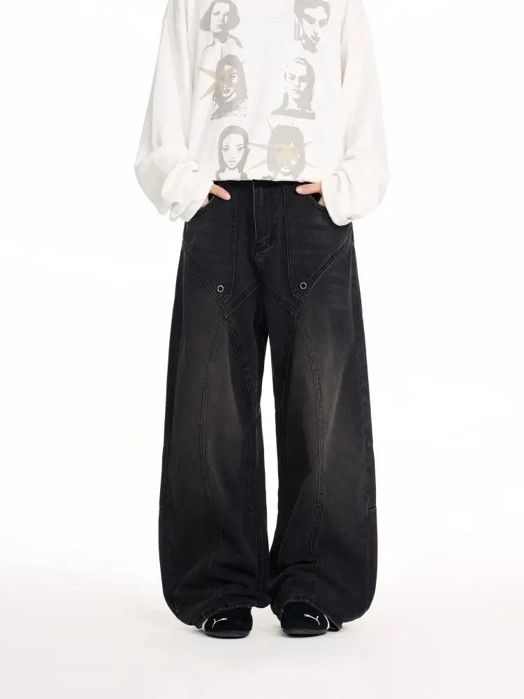 Men's Simple Splice Straight Jeans Street Sweatpants Boy Casual Pants Summer Wide Legs Bottom Male High Waist Vintage Trousers