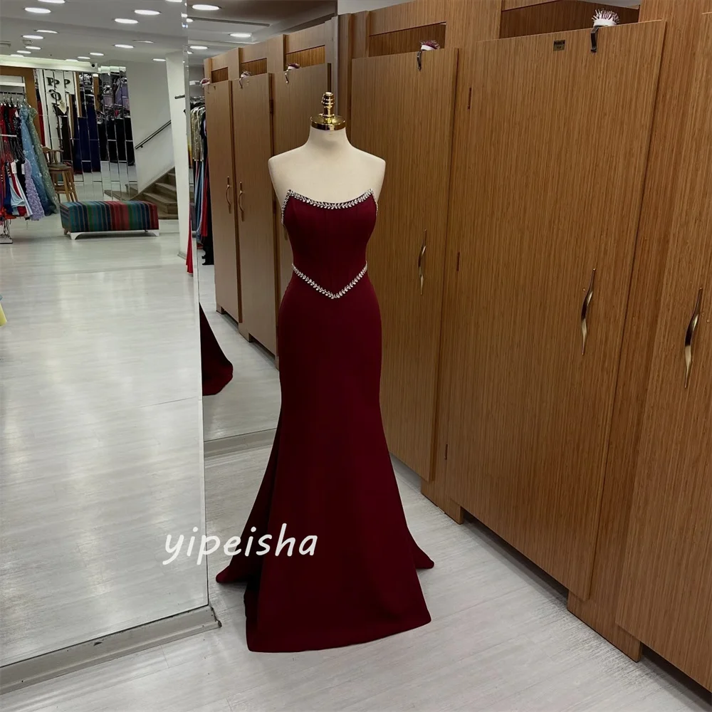 맞춤형 모던 스타일 패션 저지 라인스톤 플리츠 머메이드 스트랩리스 롱 드레스 맞춤형 행사 드레스 포멀 매칭