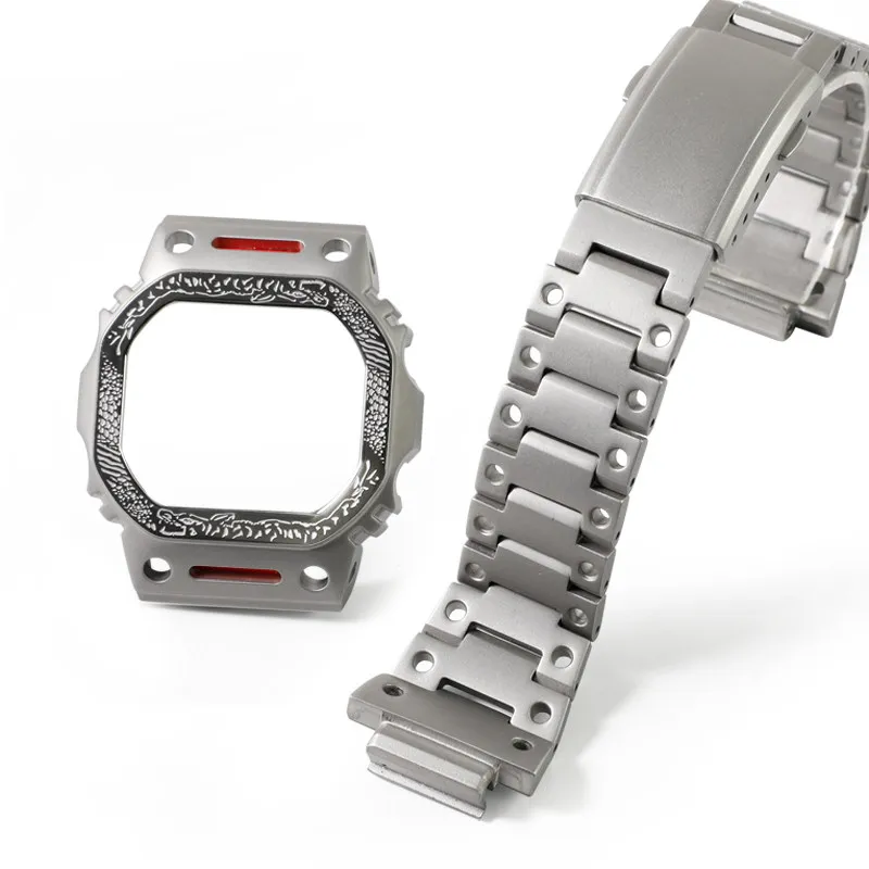 For Casio G-Shock Watch DW5600 GW-M5610 DW5035 Tiger Vein Rock Engraved Full Metal Armor Style Stainless Steel Case Bracelet Mod