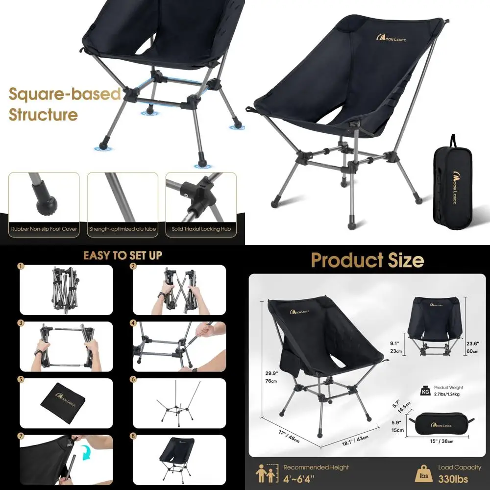 

Просторное легкое портативное кресло для кемпинга, выдерживает нагрузку до 150 кг, идеально подходит для походов и пеших прогулок (черное)